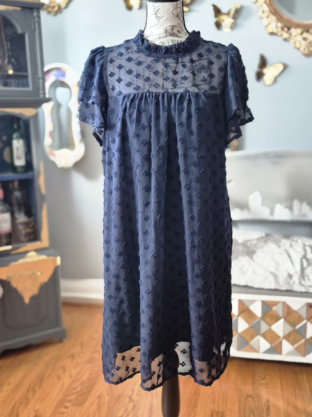 Navy Textured Swiss Dot Babydoll Dress Large